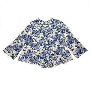 En Creme Floral Blouse Keyhole Neck Long Sleeve White Blue Women's Medium Boho